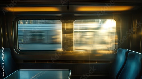Na obrazie przedstawiono wagon kolejowy z białym stołem oraz kilkoma krzesłami na swojej stronie. Słońce wpada przez okna, tworząc interesujące światło i cień.