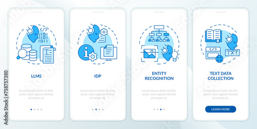 AI text processing blue onboarding mobile app screen. Walkthrough 4 steps editable graphic instructions with linear concepts. UI, UX, GUI template. Myriad Pro-Bold, Regular fonts used