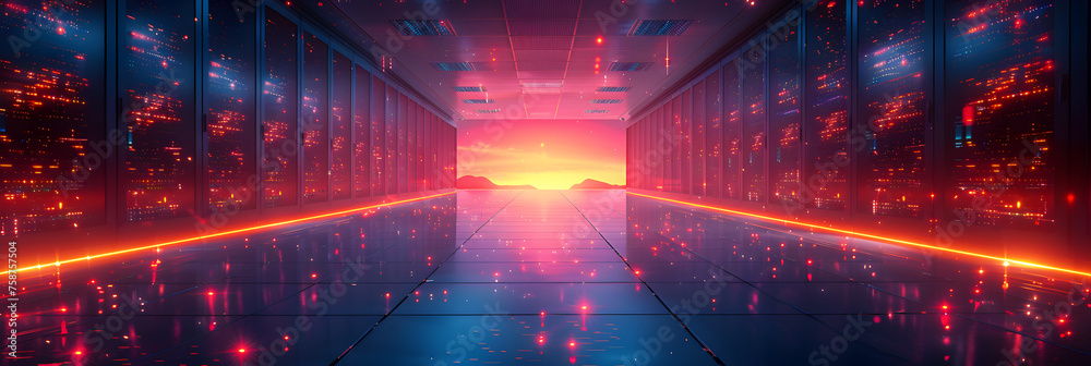  A Stunning Data Center Illustration for Design Elements,
A dark room with red lights and a blue background with a row of servers