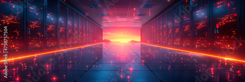  A Stunning Data Center Illustration for Design Elements, A dark room with red lights and a blue background with a row of servers