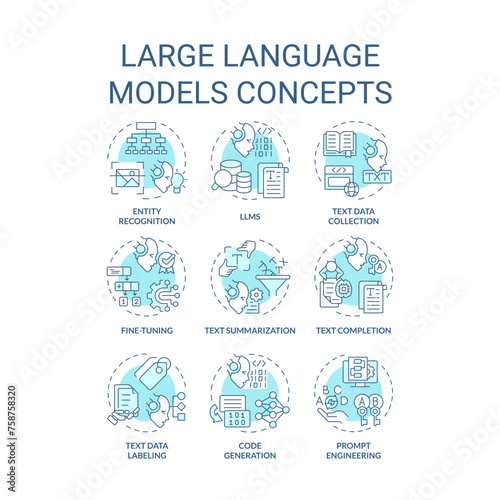Large language models soft blue concept icons. Virtual assistance, machine learning. Artificial intelligence, data management. Icon pack. Vector images. Round shape illustrations. Abstract idea