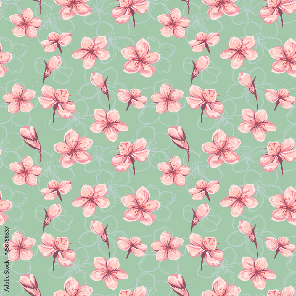 Pastel wild meadow floral seamless pattern on a mint background. Vector hand drawn illustration. Abstract artistic ditsy flowers and buds printing. Template for designs, textiles, fabric