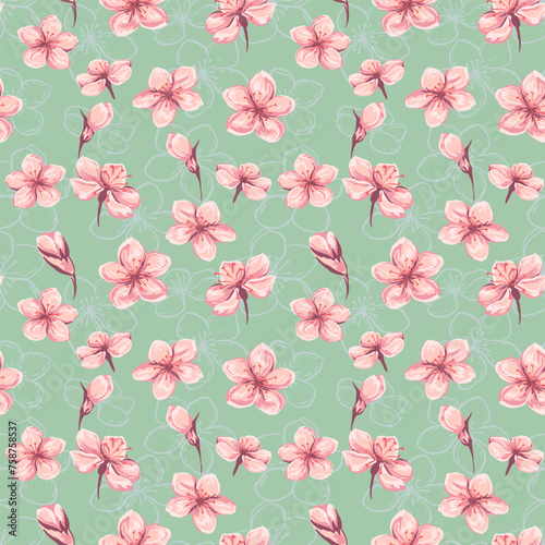 Pastel wild meadow floral seamless pattern on a mint background. Vector hand drawn illustration. Abstract artistic ditsy flowers and buds printing. Template for designs  textiles  fabric