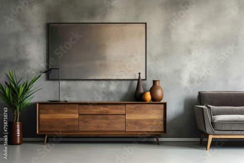 Contemporary living room design with wooden cabinet, dresser, and mock-up poster frame against textured concrete backdrop.