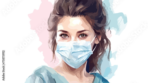 Watercolor illustration of a woman in a medical mask