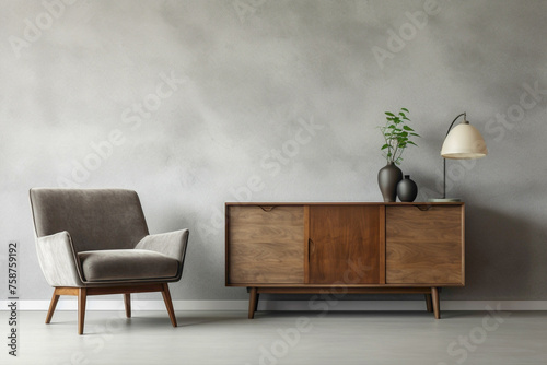 Contemporary living room featuring wooden cabinet, dresser, and mock-up poster frame against textured concrete backdrop.