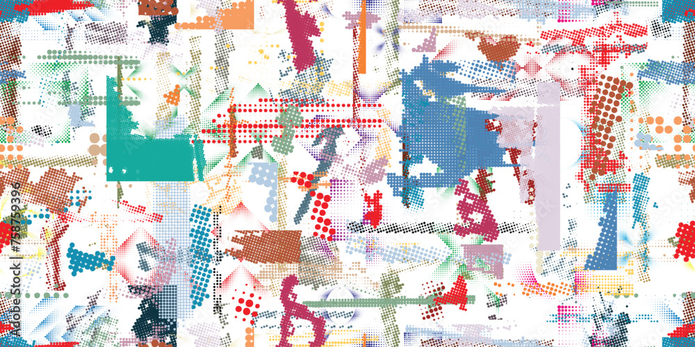 Naklejka premium Glitch distorted grungy abstract forms . Halftone dots seamless pattern texture. Grange shapes .Grunge textured . Vector shapes with half tone dots .Screen print endless pattern texture