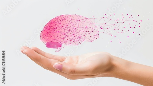 Hand holding human brain model with neuron hologram lines on white background for scientific display