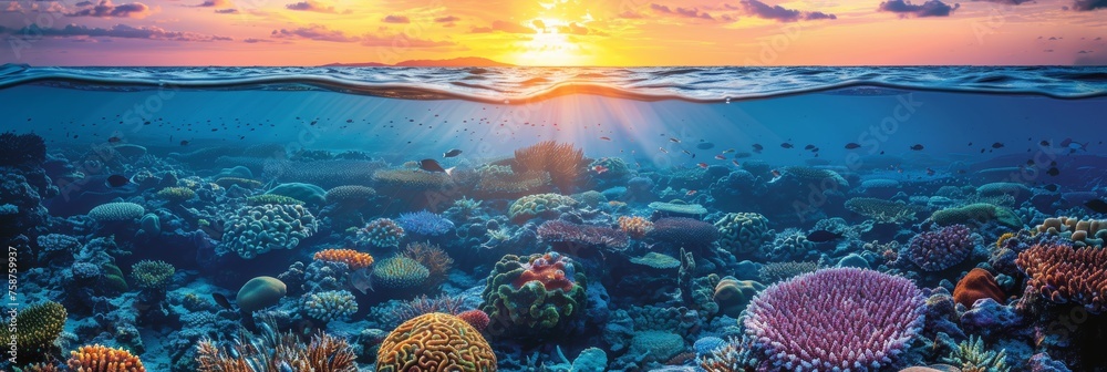 Split view sunset over great barrier reef coral ecosystem in queensland, australia - obrazy, fototapety, plakaty 