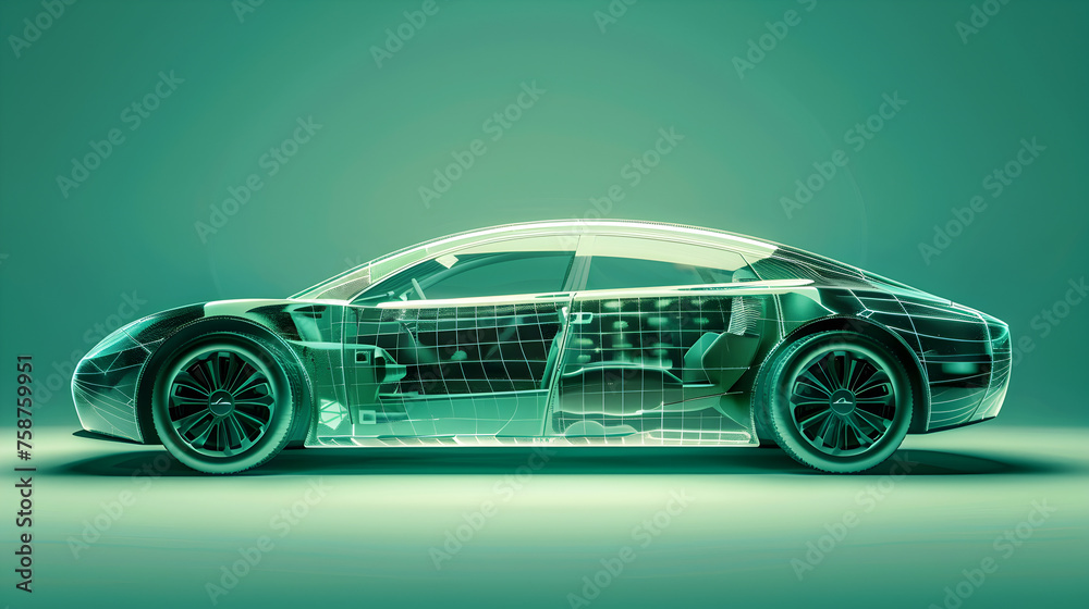 An electric car with a sleek design, visible through a semi - transparent overlay of digital circuitry, against a vibrant green background. An electric car with a sleek design, visible through a semi - transparent overlay of digital circuitry, against a vibrant green background.