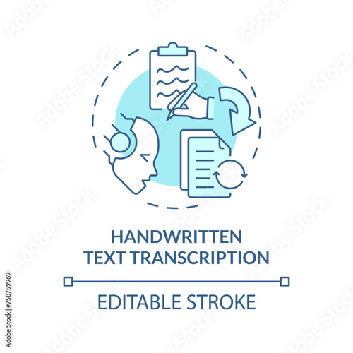Handwritten text transcription soft blue concept icon. Optical character recognition. Round shape line illustration. Abstract idea. Graphic design. Easy to use in infographic, presentation