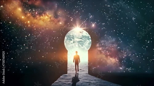 A Man Is Walking Through a Doorway in Space. Unlocking Success: The Essential Keys to Achieving Your Goals. Dream, Success, Opportunity and Startup Concept photo