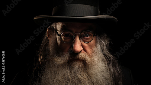 A frontal portrait of an old Jewish rabbi with a distinguished beard, reflecting wisdom and tradition.
