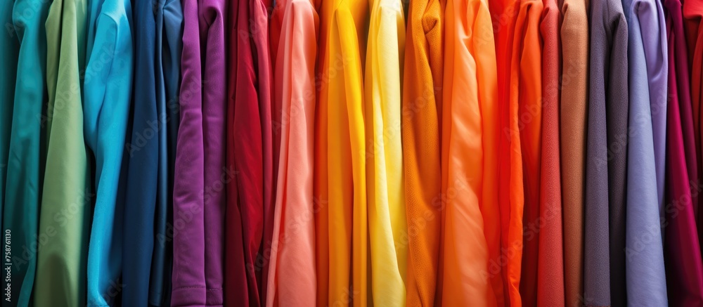 Rainbow-Colored Fabric Items Arranged Sequentially on a Rack