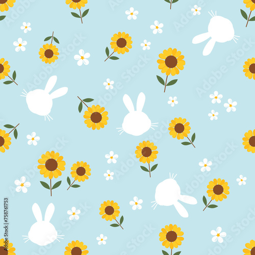 Seamless pattern with sunflower field, daisy flower and rabbit face on green mint background vector.