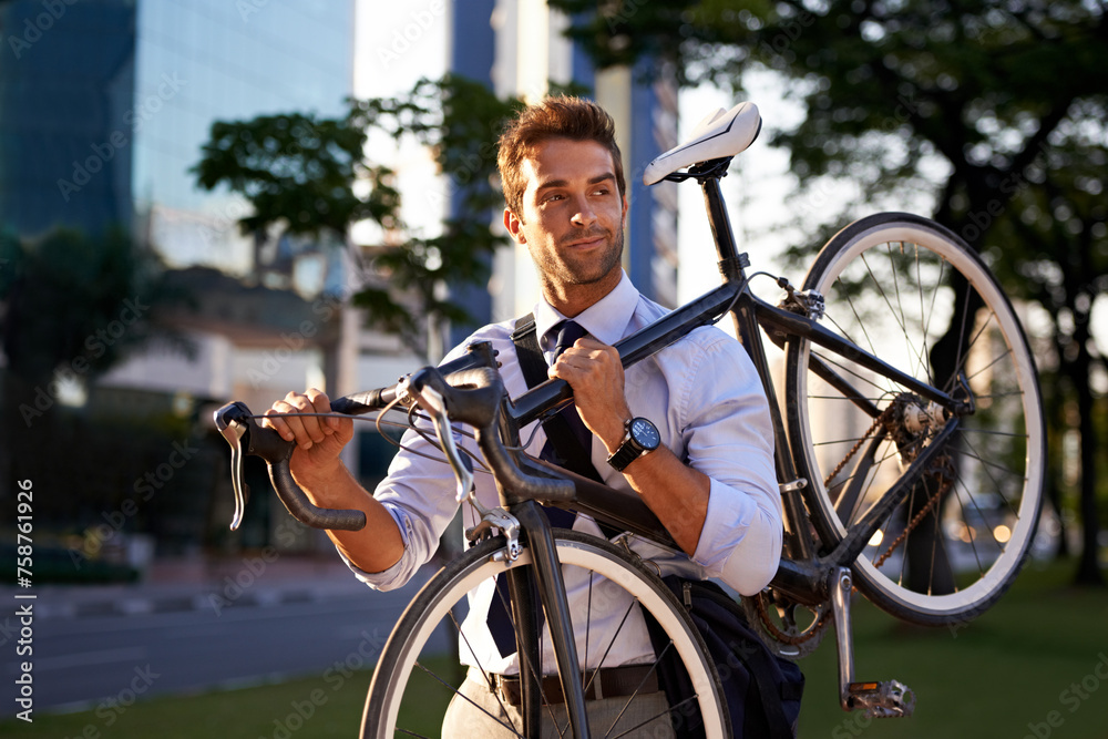 Morning, businessman and bicycle for sustainable travel, transportation and carbon footprint in city. Professional, commute and male employee walking with bike for cycling, journey or eco friendly - obrazy, fototapety, plakaty 