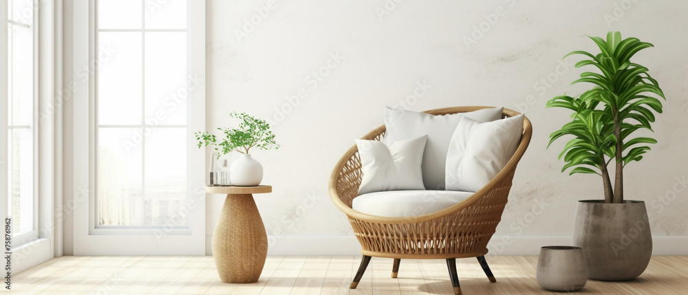 Experience the bohemian vibe of a stylish living room with a wicker chair, floor vases, and a blank mockup poster frame against a bright white wall.
