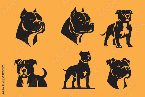 Pit bull, american bully dog ​​illustration set. Beautiful silhouette icon, logo, emblem. Black color.