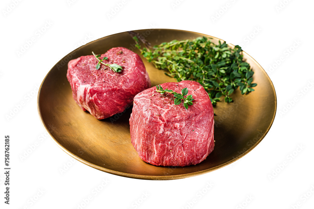 Dry aged Fillet Mignon Beef steak with herbs, raw marble meat.  Isolated, Transparent background.