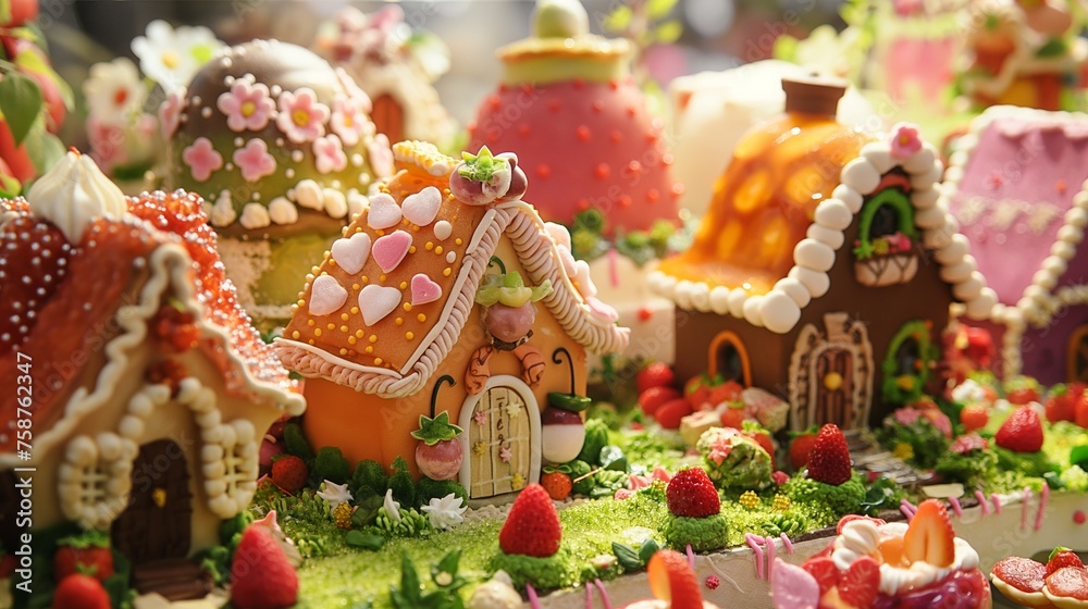 nice and cute caramel village, all the houses are made of cookies, berries like trees, village of sweet products