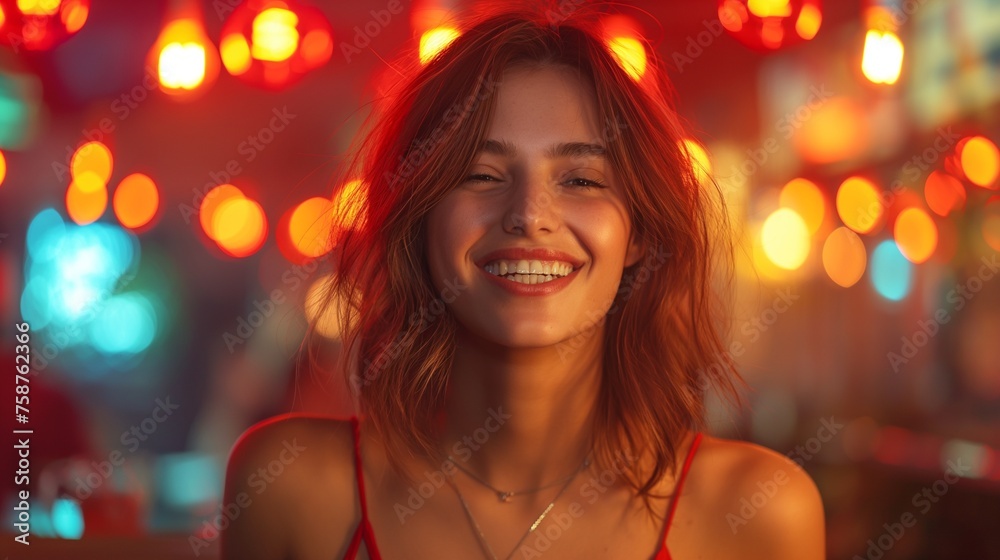 laughing and having fun and dancing girl in ruby red dress on red flowers background