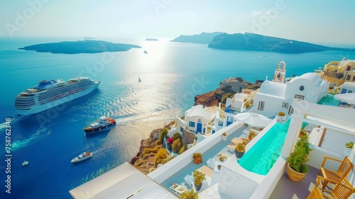 Santorini greece fira and oia towns overlooking cliffs, beaches, and islands panorama