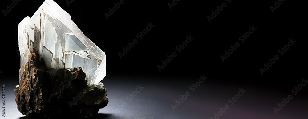 Yugawaralite is a rare precious natural stone on a black background. AI generated. Header banner mockup with space.
