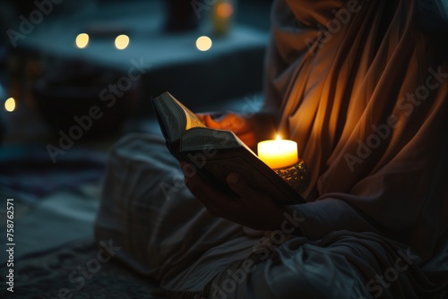 A person sitting comfortably, holding a lit candle and illuminated Qur'an, reading and reflection during Ramadan
