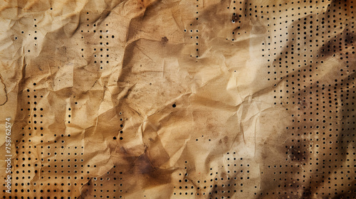 Grunge background made of paper, wood or leather perforated with regularly spaced little holes