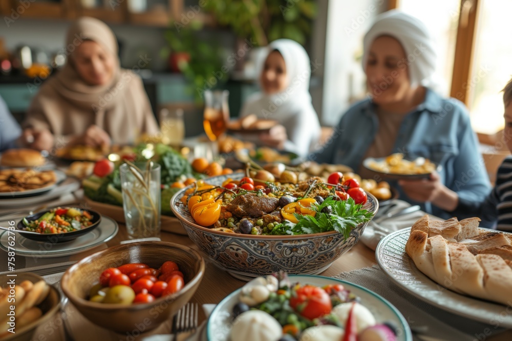 A warm and inviting family scene around a table laden with traditional Ramadan dishes