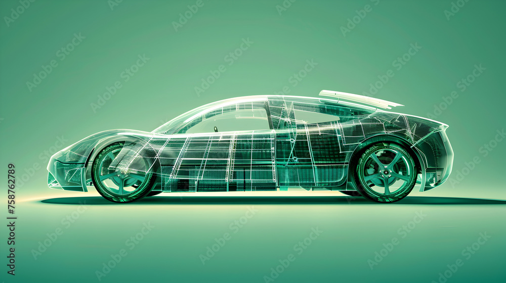 Naklejka premium An electric car with a sleek design, visible through a semi - transparent overlay of digital circuitry, against a vibrant green background.