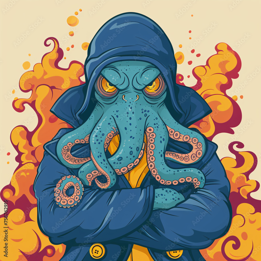 Urban Octopus: A Vibrant Illustration of a Hooded Octopus Amidst Fiery Abstract Art - Perfect for Wall Decor, Apparel Design, and Digital Art Projects