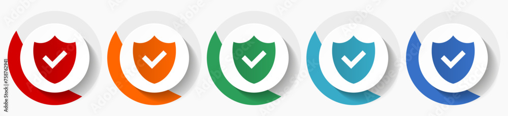 Shield vector icon set, flat icons for logo design, webdesign and mobile applications, colorful round buttons Shield vector icon set, flat icons for logo design, webdesign and mobile applications, colorful round buttons