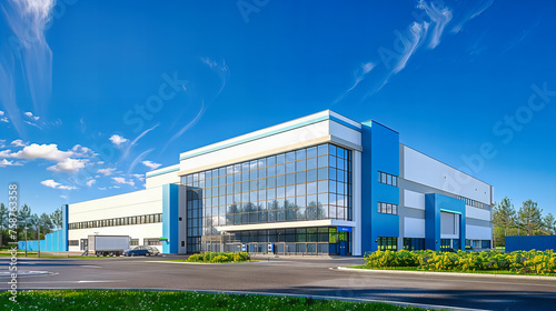 Corporate Office Building Exterior, Modern Architecture with Blue Sky, Industrial and Business Environment