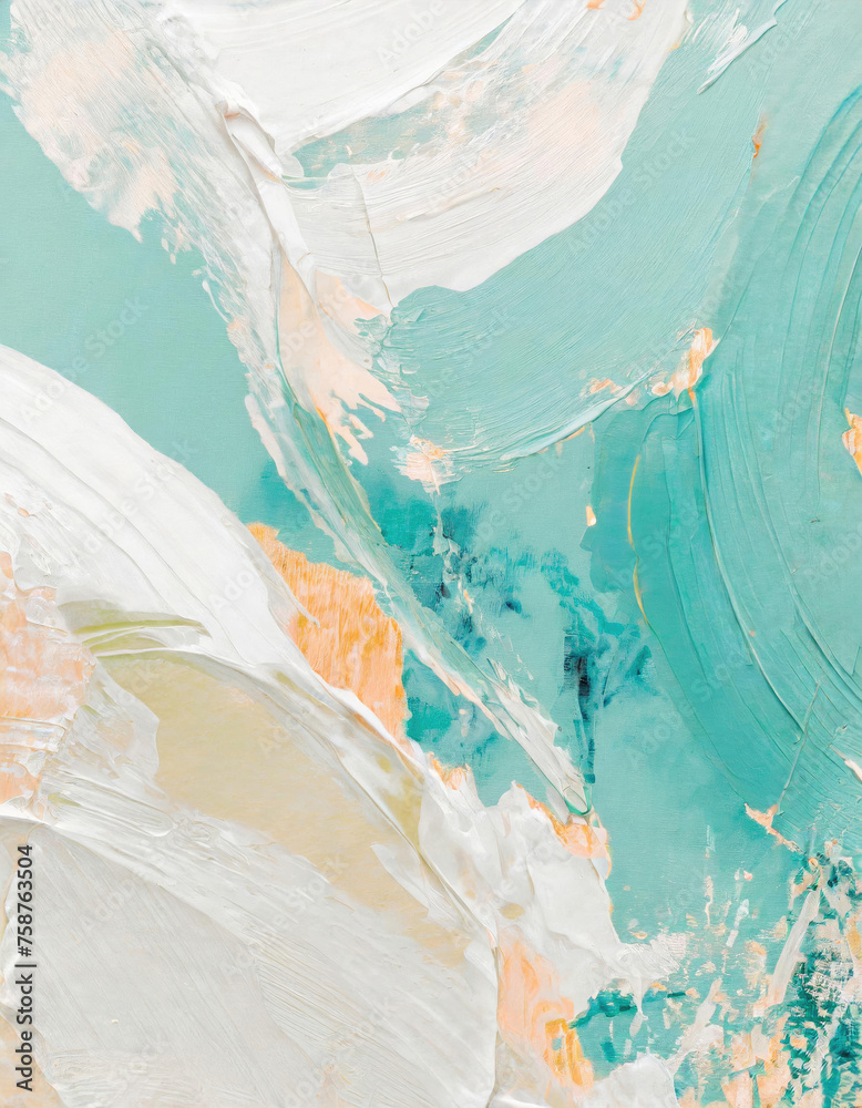 
A close-up of an abstract painting reveals thick acrylic layers with dripping paint in vibrant hues. Bold strokes and dripping colors evoke a sense of movement and depth