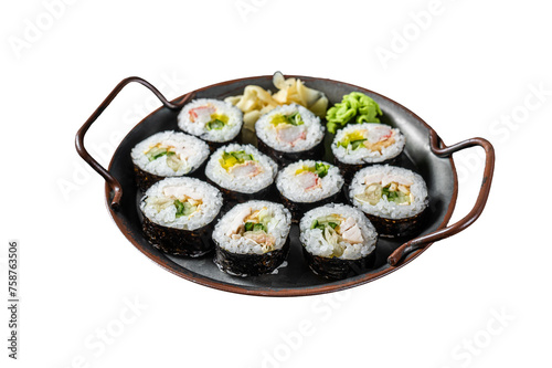 Kimbap gimbap filled with vegetables, egg, eanchovy and crab, Korean rice roll.  Isolated, Transparent background.