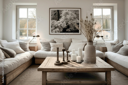 Cozy Scandinavian living room featuring dual sofas, an aged wooden table, and an unoccupied frame mounted on the wall.