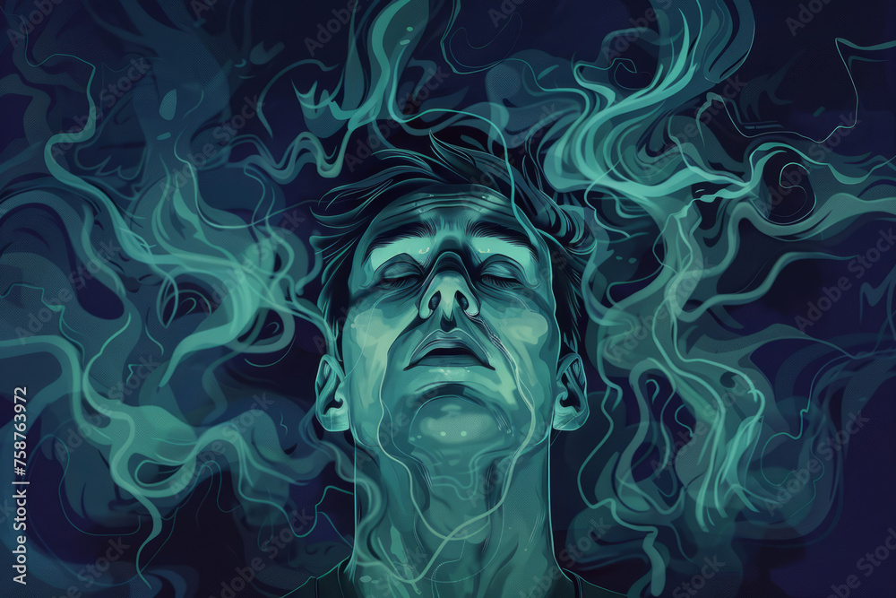 Fototapeta premium Front view. Young schizophrenic man with psychological disorder suffering from depression, stress and anxiety