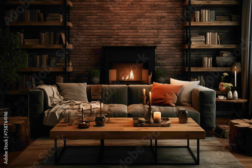 Cozy setup with two sofas and wooden table.