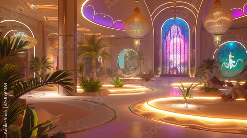 A retro-futuristic Arabian desert palace, featuring AI-controlled sand gardens