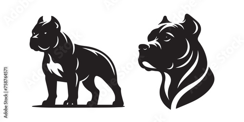 Pit bull, american bully dog ​​illustration set. Beautiful silhouette icon, logo, emblem. Black color.