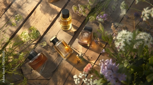 Wiosenne zapachy - mała kolekcja perfum na drewnianym stole photo