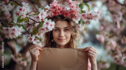 Sceneria rozkwitu wiosny. Młoda kobieta stojąca wiosną trzyma pustą kartkę przed sobą, patrząc na aparat. Jest uśmiechnięta i skupiona na treści kartki.  © Artur