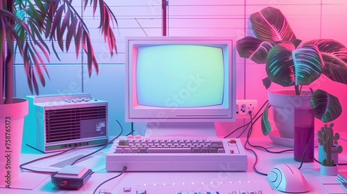 Na biurku znajduje się komputer, klawiatura, mysz i roślina doniczkowa. Widok przedstawia standardowe biurowe środowisko pracy z lat 2000s