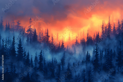 Sunset Over a Forest Painting
