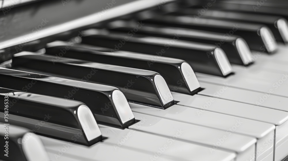 Detailed monochrome close up of black and white piano keyboard for enhanced viewing Detailed monochrome close up of black and white piano keyboard for enhanced viewing