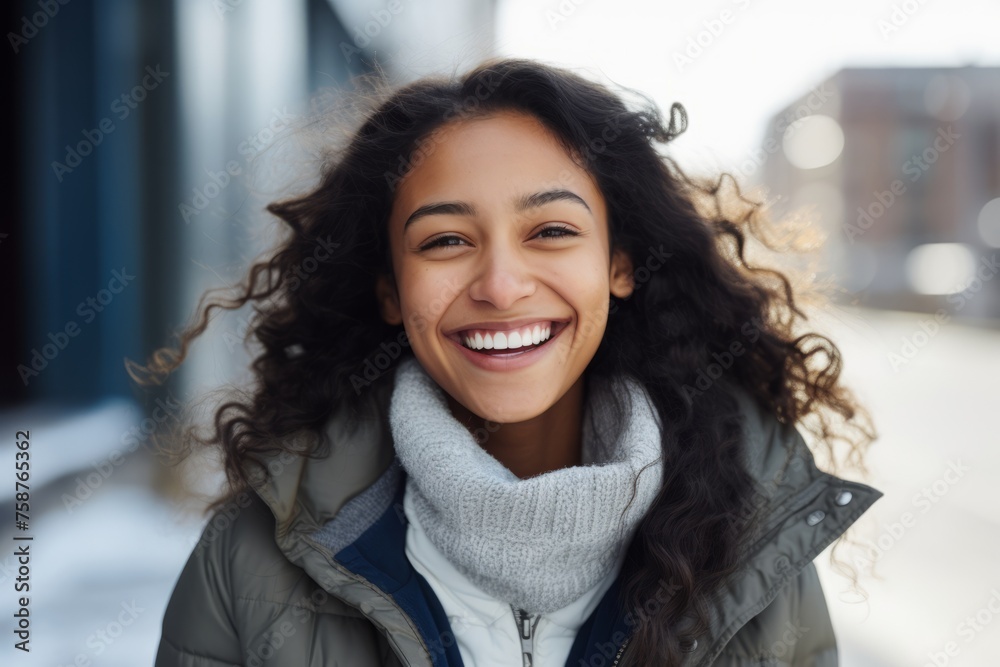 Close up portrait of a beautiful happy young woman smiling outdoors in winter