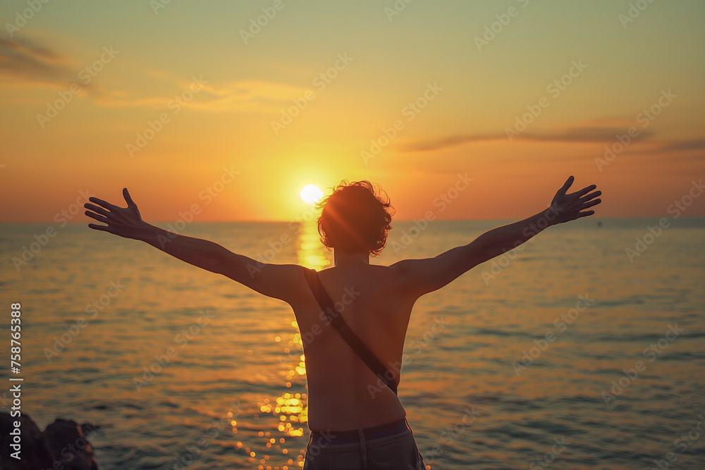 Sunrise and freedom, A young man with his arms outstretched by the sea enjoying life, people travel for well-being concept
