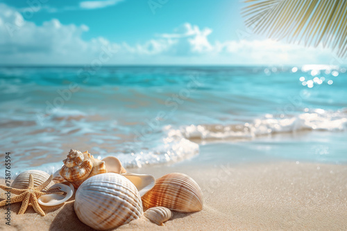 Shells on the sand, palm tree on the beach, Sunny tropical beach with turquoise water, summer vacation,