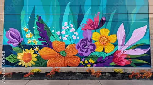 Wiosenne malowidło kwiatów na bocznej ścianie budynku, które celebruje przyjście wiosny. Malowidło jest jasne i kolorowe, dodając uroku ulicznej sztuce.